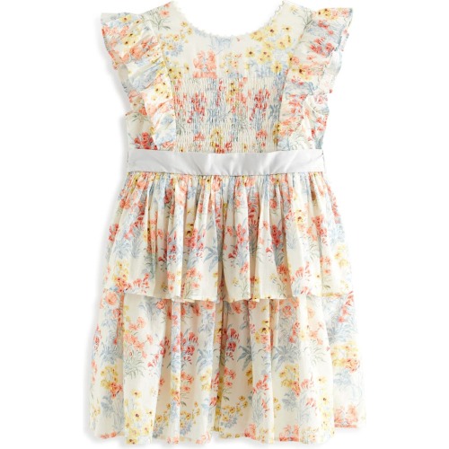 Baby & Little Girl Kids' Smocked Flutter Sleeve Tiered Cotton Dress, 3-6M, Ivory Coral