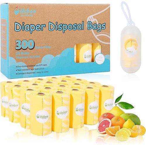 Diaper Disposal Bags - 20 Refill Rolls/300 Pack Baby Poop Bag with Dispenser | Tropical Fruit Scented | Leak Proof & Trash Bags for Diapers | Baby Essentials