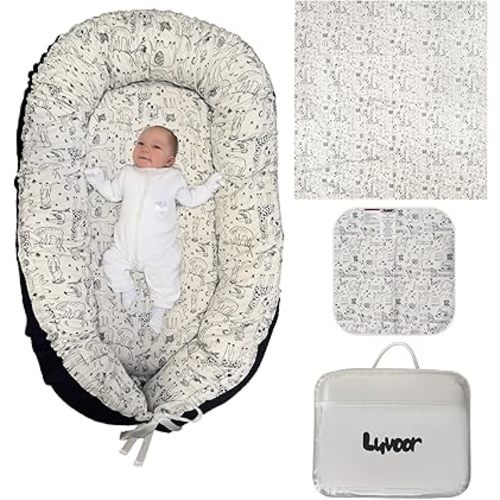 Baby Lounger Newborn Essentials - Baby Nest, Blanket, Changing Mat 3 in 1 Multipurpose Used, Portable Set, Infant Mattress Seat - Breathable Cover, Travel Bed, Shower Gift, Dock a tot, Tummy Play Time
