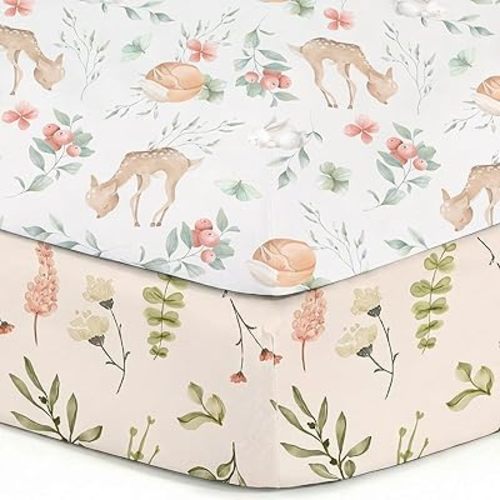 Pack n Play Sheets, BROLEX 2 Pack Mini Crib Sheets,Stretchy Portable Fitted Playard Sheet Set, Convertible Playard Mattress Cover,Ultra Soft Breathable Material,Fawn & Flora