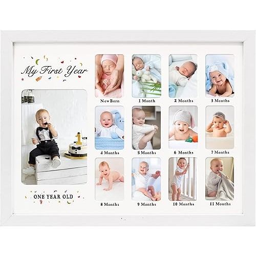 GMFrames Baby First Years Photo Frames 12 Month Picture Frame 12 * 16 for Holds (1) 5x7 & (12) 2x3 Wallet Size Photos White