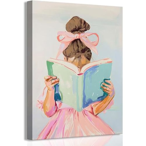Brown hair girl reading book canvas wall art children reading wall decor picture Pastel little girl poster print pink bow aesthetic artwork for gallery library reading nook decoration,12x16in