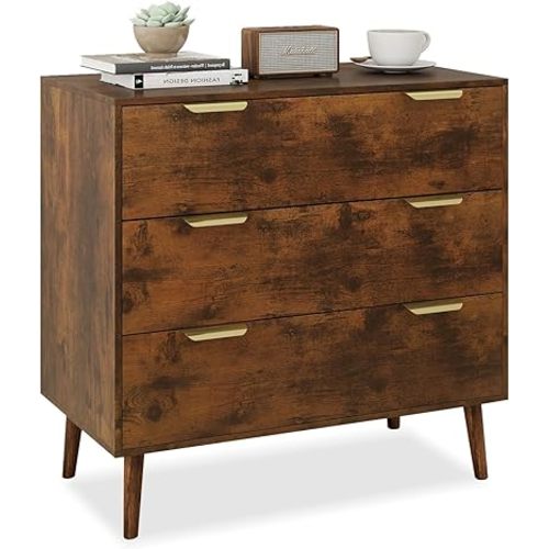 Rattan Dresser for Bedroom, 3 Drawer Dresser Boho Chest of Drawers, Modern Wood Clothes Storage for Kids Bedroom, Living Room, Nursery, Hallway, Entryway, Rustic Brown