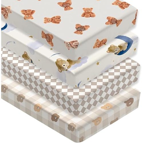 4 Pack Teddy Bear Crib Sheet Set for Boys or Girls, Neutral Soft Breathable Fitted Checkered Crib Sheet, Bear Nursery Decor for Standard Crib and Toddler Bed Mattresses 28 x 52 in