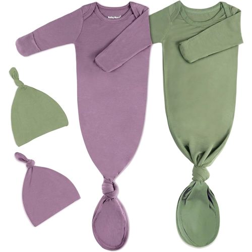 2Pk Newborn Baby Knotted Gown, Super Soft Silky Infant Long Sleeve Sleeper for Baby Sleeping with Hat or Headband (2 Packs)