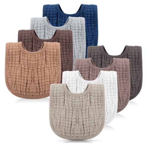 Frienda 8 Pcs Muslin Baby Bibs Cotton Bandana Drool Bibs Bulk for Newborn Infant 6 Absorbent Layers Feeding Accessory(Rustic Colors)