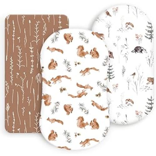 Stretchy Ultra Soft Fitted Bassinet Sheet Set 3 Pack, Universal Fit for Bassinets Baby Cradle Moses Basket Oval Rectangle Mattress Safe and Snug, Cute Jungle Squirrels and Animals