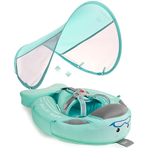 Mambobaby Float with Canopy and Tail – Baby Float with Canopy, New Upgraded Non-Inflatable Infant Swim Trainer, UPF+ Sun Canopy, Adjustable Safety Harness for Toddler Pool (Special Edition Green)