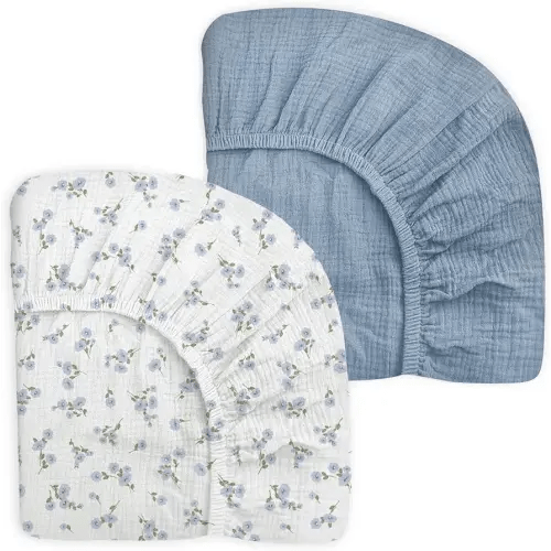 Crib Sheets for Baby Boy Girl 2 Pack, Fitted Crib Mattress Sheet 28" x 52", Muslin Toddler Bedding with Neutral Style, Nursery Bedding Essentials (Bluebell Bloom & Light Blue)