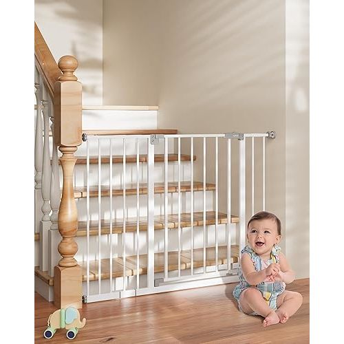 InnoTruth 28.9-45.3" Baby Gate for Stairs, 19" Walk Thru Gate-Easy to Pass Carrying Baby, 30" Tall Dog Gates for Doorways One-Hand Open, Easy Install Toddler Gate for Room,White