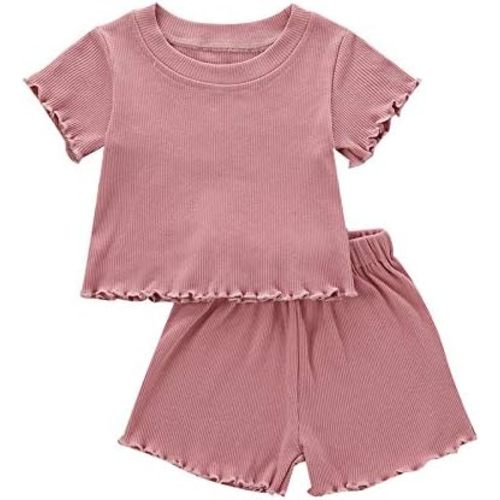 Kupretty Toddler Baby Girl Summer Clothes Ruffle Ribbed Knit Short Sleeves T-Shirt Tops + Shorts Cute Outfits Set