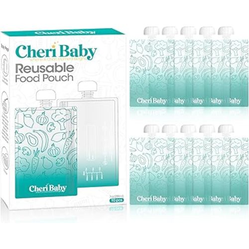 CheriBaby Reusable Baby Food Pouches for Toddlers, BPA Free Plastic, Food Safe, Freezer Safe, Refillable Squeeze Pouch for Applesauce, Yogurt & Puree, Leakproof Double Lock Zipper, 10 Packs, 7oz