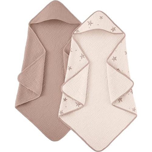 Susurration Hooded Baby Towels for Newborn 2 Pack 100% Muslin Cotton Towel for Babies，Highly Absorbent and Newborn Essential 30x30 Inch Pink Star&Sand