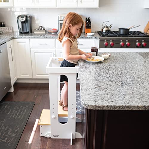Little Partners Learning Tower Toddler Tower Foldable Step, Explore 'N Store Folding Toddler Tower Montessori Kitchen Tower for Cooking, 22.28" L x 19.56" W x 33.50" H, Ages 2 to 6 (White w/Natural)