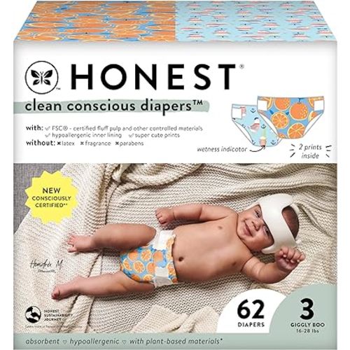 The Honest Company Clean Conscious Diapers for Sensitive Skin | Hypoallergenic, Fragrance Free | Gender Neutral Prints | Club Box, Size 3 (16-28 lbs), 62 Count