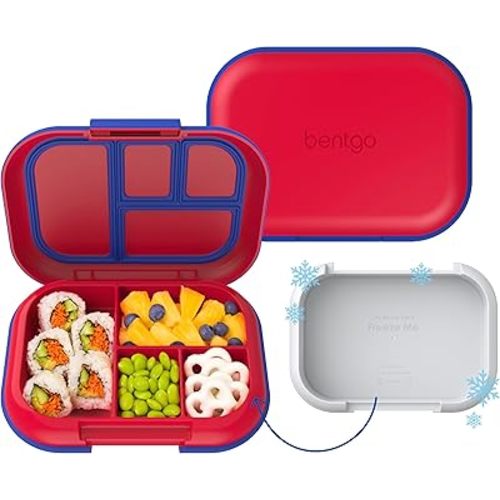 Bentgo Chill Kids Leak-Proof Lunch Box - 4-Compartment Bento Box with Built-In Ice Pack, 3.3 Cup Capacity, PFAS & BPA-Free, Microwave & Dishwasher Safe, Ideal Size for Ages 3 to 7 (Red/Royal)