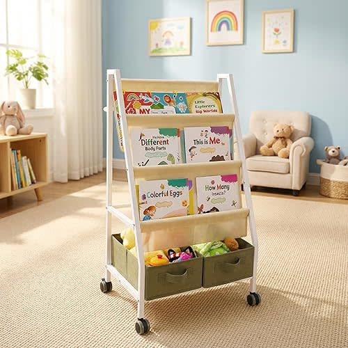 3-Tier Kids Bookshelf with Storage, Wheels & Handle, Montessori Sling Book Organizer for Toddlers, Easy-to-Move Book Shelf for Ages 3–6, Nursery Bedroom Bookshelf
