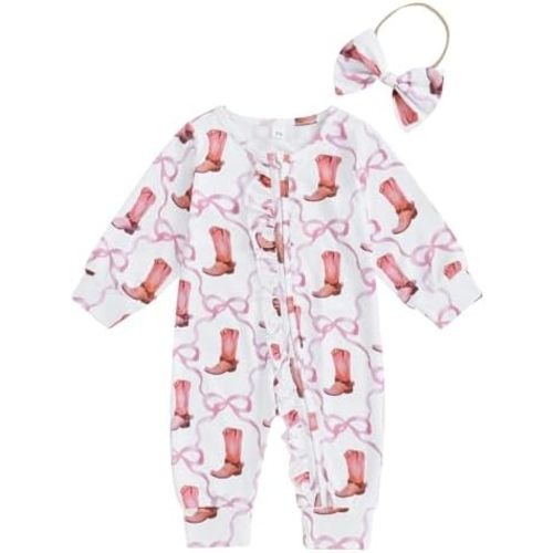 SAYOO Western Boots Baby Cowgirl Clothes Zipped Fall Romper Outfit for Newborn Girl Cow Print Bow Print One-piece Jumpsuit