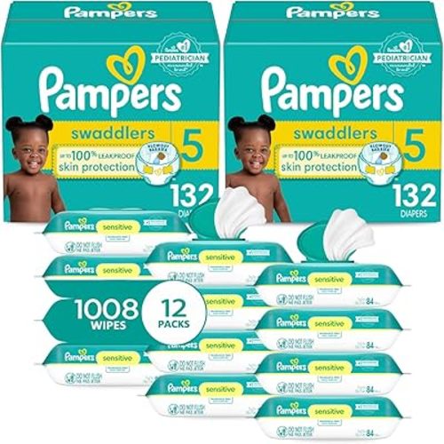 Pampers Swaddlers Disposable Baby Diapers Size 5, 2 Month Supply (2 x 132 Count) with Sensitive Water Based Baby Wipes 12X Multi Pack Pop-Top and Refill (1008 Count)