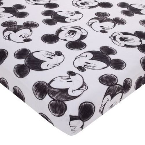 NoJo Disney Mickey Mouse - Charcoal Black and White Smiling Mickey Mouse Nursery Fitted Mini Crib Sheet
