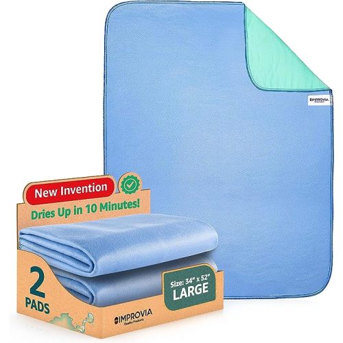 IMPROVIA® Washable Underpads, 34" x 52" (Pack of 2) - Heavy Absorbency Reusable Incontinence Pads for Kids, Adults, Elderly, and Pets - Waterproof Protective Pad for Bed, Couch, Sofa, Furniture, Floor - 2 Pack - 34x52