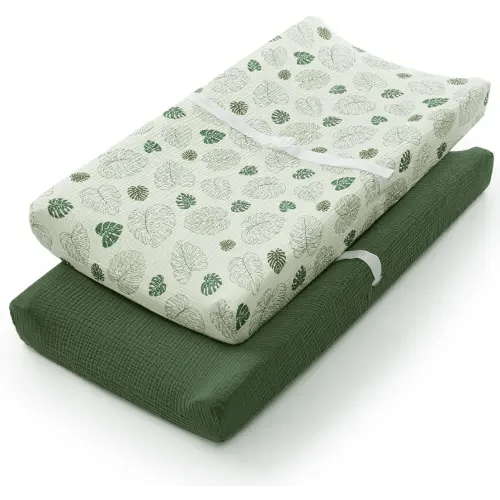 Blissful Diary Muslin Changing Pad Cover for Girls Boys, Ultra Soft Breathable Cotton, Baby Diaper Change Table Pad Covers, 2Pack (Monstera Leaves&Dark Green)