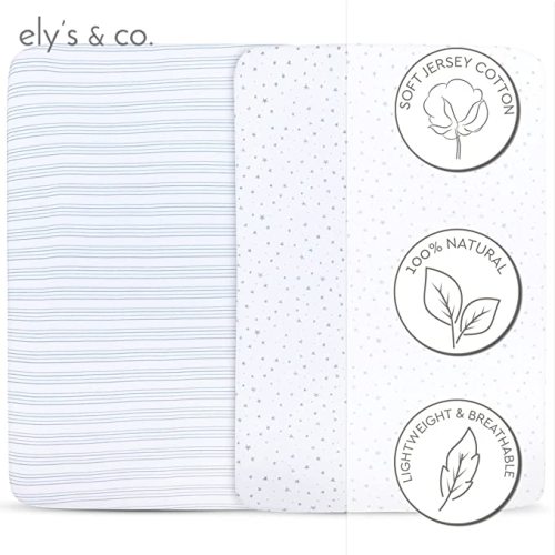 Ely’s & Co. 2 Pack Pack n Play Sheets for Baby Boy — 100% Jersey Cotton — Blue Stars + Stripes - Playard