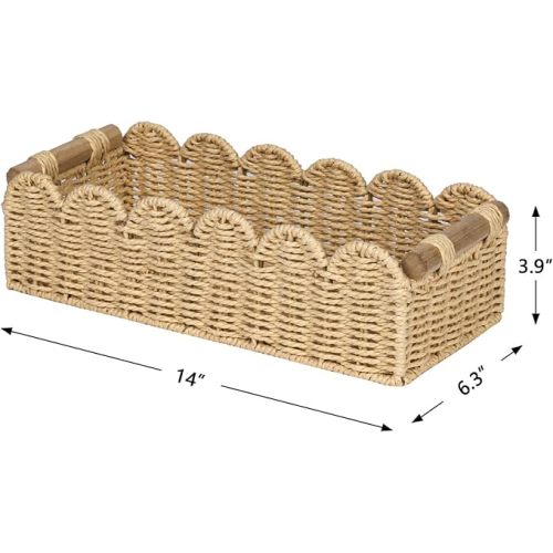 CubesLand Scalloped Edge Toilet Paper Storage Basket, Living Room Home Cozy Decor Basket, Paper Rope Small Baskets for Over Toilet Storage Shelf, End Table, Shelves, with 2 Wooden Handles, Beige