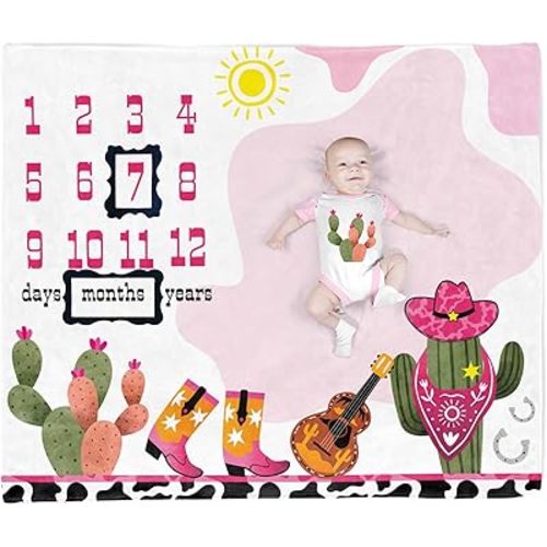 Cow Girl Baby Stuff, Baby Monthly Milestone Stuff for Newborn Baby Photo Taken - Baby Age Blanket with 2 Frame