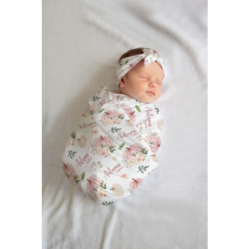 Girl Autumn Swaddle Set, Pumpkin Baby Blanket, Personalized Autumn Pumpkin Baby Blanket, Autumn Nursery Theme, Autumn Newborn Blanket G34