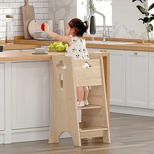 COSYLAND Toddler Standing Tower Adjustable Height - Super Stable Kids Kitchen Stool Helper with Protive Panel - 3 Levels Adjustable Wooden Toddler Kitchen Stool (All Natural)