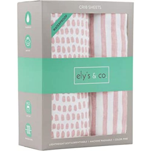 Ely’s & Co. Waterproof Crib Sheets/Toddler Bed Sheets – All-in-One Mattress Protector + Fitted Sheet – Soft Jersey Cotton, Mauve Pink Splash & Stripes, Baby Girl Nursery Bedding Essential – 2-Pack