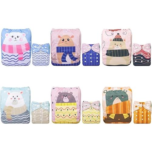 ALVABABY Baby Cloth Diapers 6 Pack with 12 Inserts One Size Adjustable Washable Reusable for Baby Girls and Boys 6DM96
