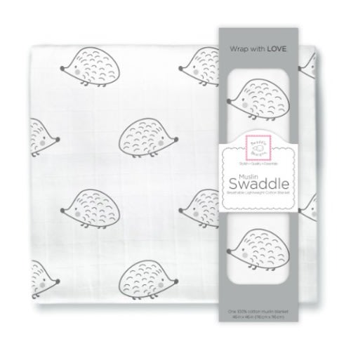 SwaddleDesigns Cotton Muslin Swaddle Blanket, Black Hedgehog
