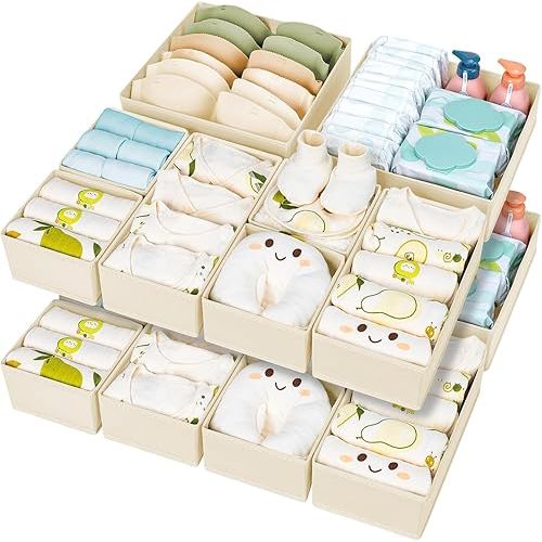 DIMJ Drawer Organizers Clothes Fabric - 15 Pack Dresser Organizers Drawer Storage Foldable Bra and Underwear Baby Clothing Dividers for Closet Storage Organization, Sock,Tie,Beige