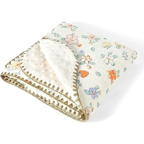 Baby Blanket Double Layer Cotton 40 x 40 Soft Receiving Blanket with Pattern Machine Washable Strawberry Flower