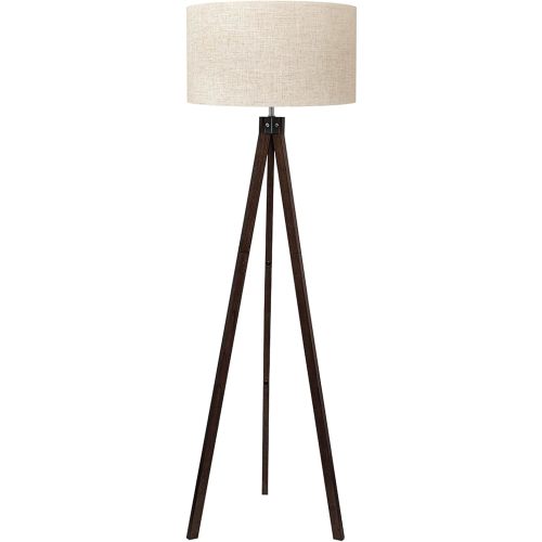 LEPOWER Wood Tripod Floor Lamp, Mid Century Standing Lamp, Modern Design Studying Light for Living Room, Bedroom, Study Room and Office, Flaxen Lamp Shade with E26 Base Walnut