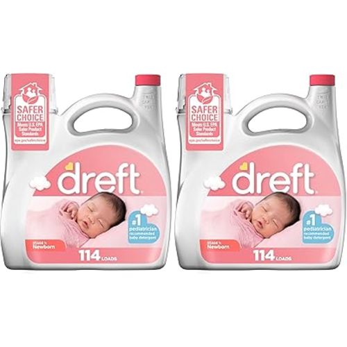Dreft Stage 1 Newborn Baby Liquid Laundry Detergent,Gentle on Sensitive Skin,HE Compatible,114 loads,(Pack of 2)