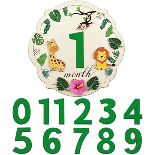 Baby Monthly Milestone Signs - Wooden Safari Animal Photography Props for Newborn, 1-12 Monthly Baby Month Milestone - Nursery Decor for Boy Girl Announcement Sign