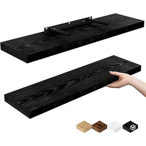 Fun Memories Floating Shelves for Wall, 24" Rustic Wood Deep Wall Mounted Shelves with Invisible Brackets for Decor & Storage, Floating Shelf for Living Room, Bathroom (Black, Set of 2)