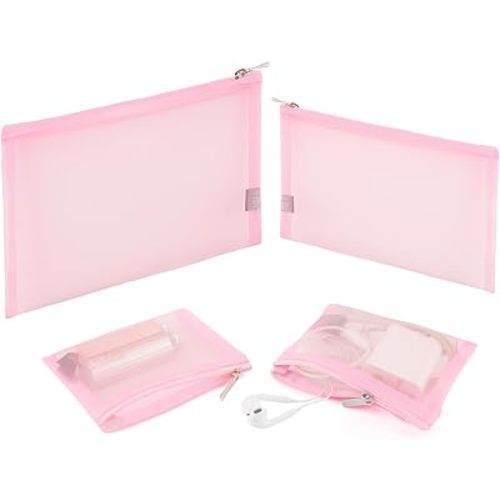 EASYFUN Mesh Pouch, Make up Bag with Zipper Cosmetic Organizer Pouch for Daily or Travel to Keep Small Items, 4 PCS Pink