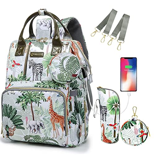 QWREOIA Tropical Rainforest Diaper Bag Backpack,Animal Nappy Backpack with Coin Bag USB Charging Port Stroller Straps and Insulated Pocket For Women/Mom/Travel (Animal Pattern)