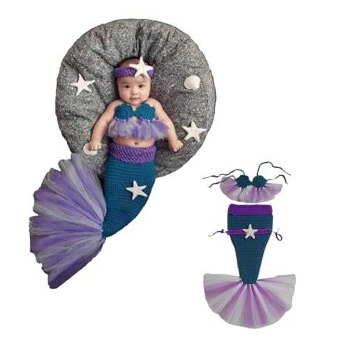KLEYAO Newborn baby Photography Props,Girls photo outfits,Handmade Crochet Mermaid Set(Headband Bra Tail)