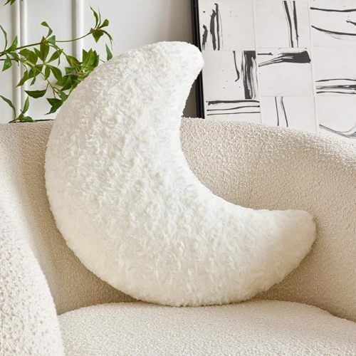 Moon Shaped Pillow with Soft Faux Fur for Couch, Bed, Sofa - Cute Half Moon Pillows with Room Decor for Bedroom, Living Room (14.9 Inches, White)