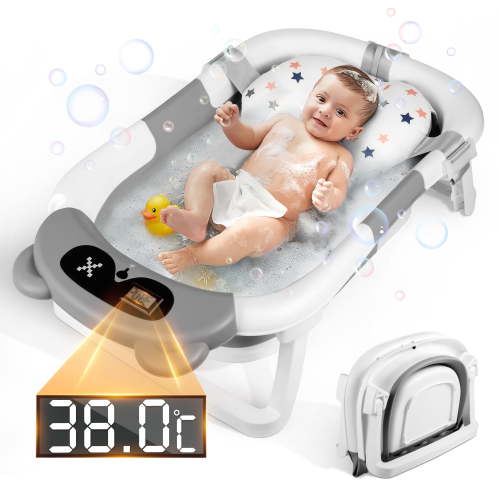 Doulami Collapsible Baby Bathtub, Foldable Infant Tub with Cushion and Thermometer, 0-36 Months, Gray
