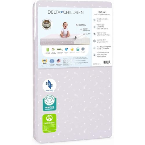 Delta Children Refresh 2-Stage Crib and Toddler Mattress - Breathable Cover and Core - Machine Washable - GREENGUARD Gold – Waterproof - Sustainably Sourced Core, Pink