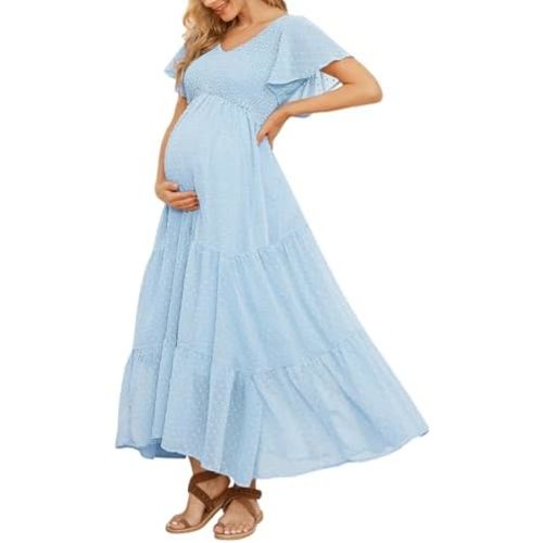 Swiss Dot Smocked Maternity Dress for Baby Shower Photoshoot Casual V Neck Ruffle Sleeve Empire Waist Tiered Boho Dress