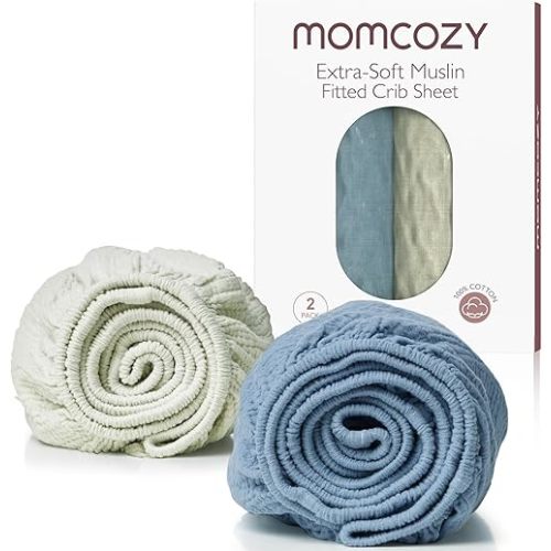 Momcozy Muslin Standard Fitted Crib Sheets, 52"x28", 2 Pack Soft Breathable Natural Cotton Baby Mattress Sheet, 360° Mattress Wrapping No Slip Boys Girls Neutral Toddler Bed Sheet, Sky Blue Grey