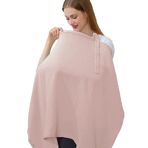 Hicoco 100% Muslin Cotton Breastfeeding Cover, Multi-use Nursing Covers with Arch Neckline, Breathable Nursing Apron (pink)