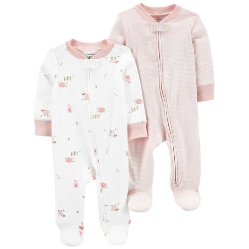 Baby 2-Pack 2-Way Zip Cotton Sleep & Plays - 9M - Pink/White